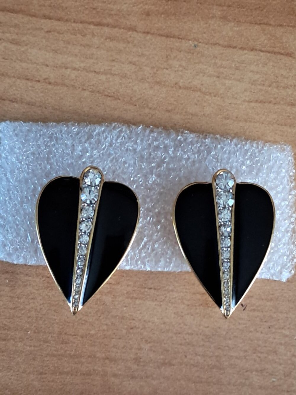 Vintage Monet Goldtone Black Enamel Rhinestone Leaf Clip on Earrings Signed